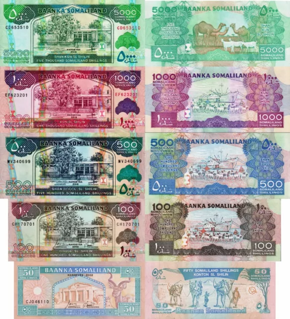 SOMALILAND - set 5 banconote 50/100/500/1000/5000 Shillings FDS - UNC