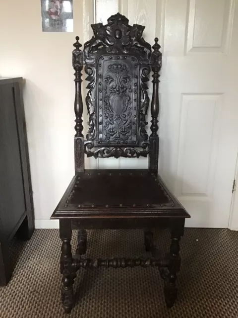 Antique Vintage Very Old Very Ornately Carved Solid Wood And Leather Chair