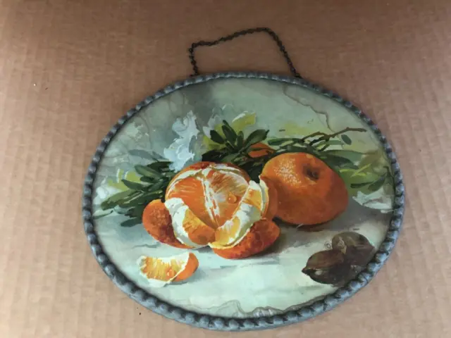 Vintage GERMANY FLUE COVER Oval Flowers Fruit Oranges Crimped Edge #2