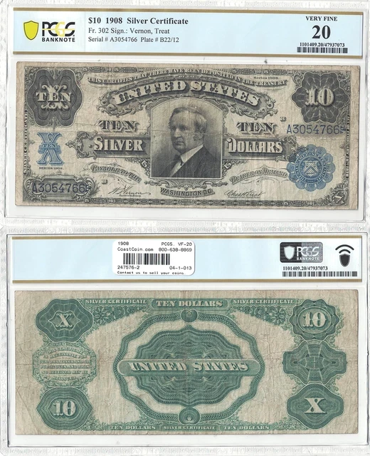 1908 $10 Silver Certificate "Tombstone Note" Fr 302 PCGS Very Fine-20