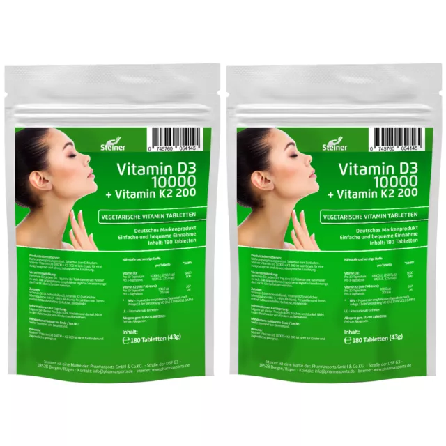 360 Tabletten Vitamin D3 10000IU & Vitamin K2 200mcg MK-7 Menachinon-7