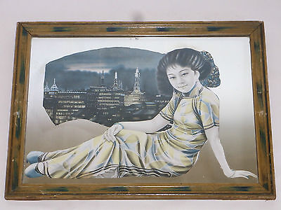 05B40 Ancien Cadre Miroir Lithographie Japon Chine Geisha Tokyo Art Déco 1930