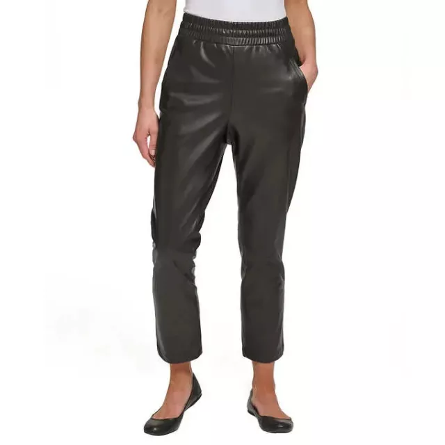 NWT DKNY Women's Pull On Faux-Leather Pants With Pockets Black Size L $80 II427