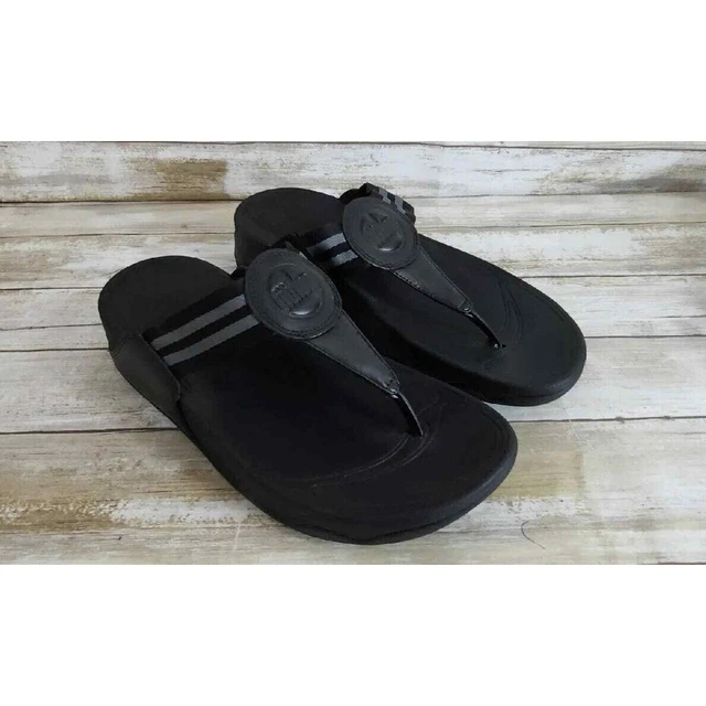 FitFlop WALKSTAR TOE POST Leather Wedge Web Sandals Shoes Size 8 BLACK