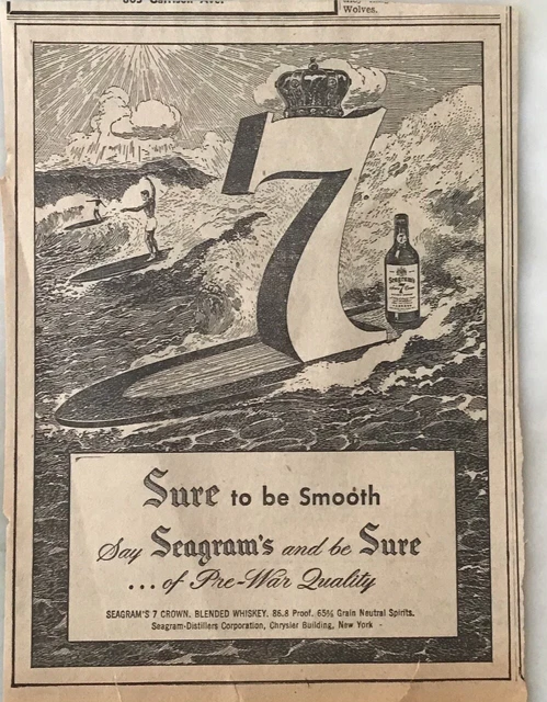 1948 newspaper ad for Seagram's 7 Crown - Big 7 goes Surfing, pre-war quality