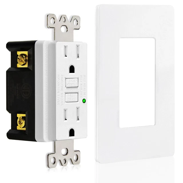 GFI Outlet 15 Amp GFCI Receptacle Non-Tamper Resistant LED Indicator with Plate