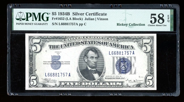 DBR 1934-B $5 Silver Fr. 1652 Vinson LA Block PMG 58 EPQ Serial L66881757A