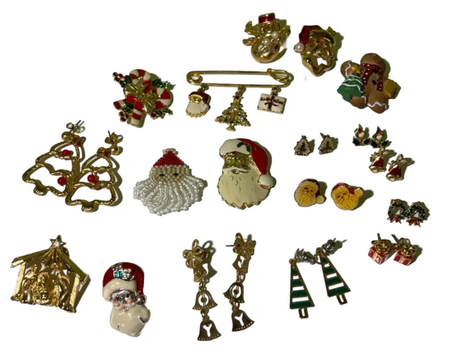 27 Piece Christmas Brooches Earrings  Pins Jewelry Lot Vintage All Wearable