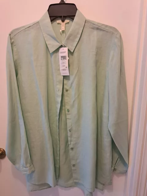 Eileen Fisher NWT Handkerchief Linen Classic Collar Shirt LONG Size XS ABSINTHE