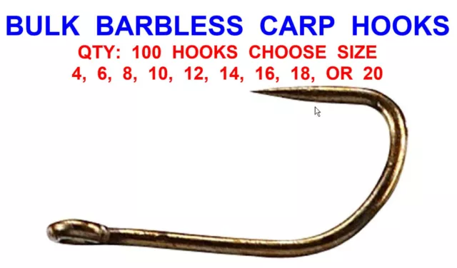 BULK 100 BARBLESS Bronze Eyed Specimen Carp Hooks Size 4,6,8,10,12,14,16,18, 20 £5.95 - PicClick UK