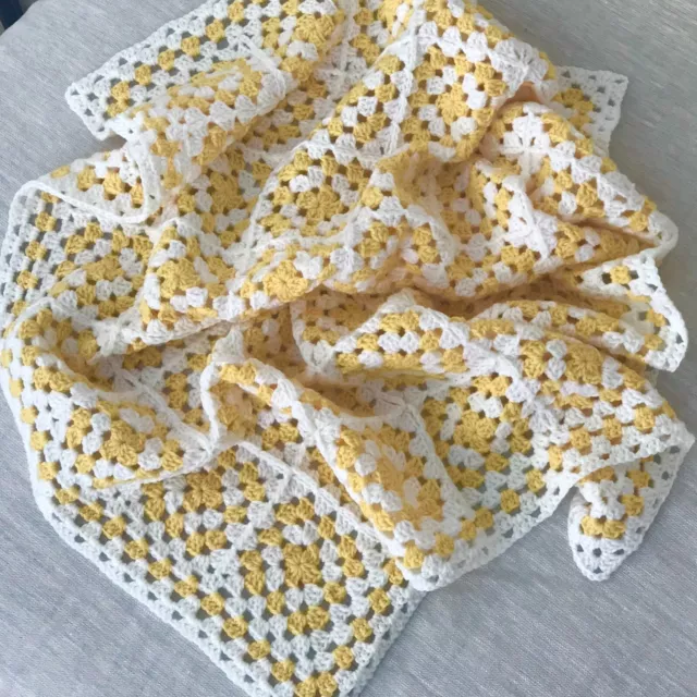 Baby Blanket Crochet Granny Square Lemon & White