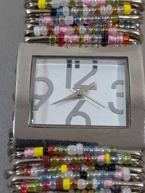 White Dial Silver Tone Square Case Colorful Safety Pin Stretch Band Watch