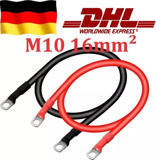 2 tlg Batteriekabel 16mm² Rot Schwarz 12V M10 Kupfer 50cm Wechselrichter KFZ DE