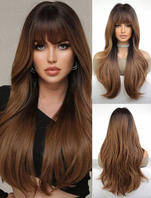 Perruque Longue Synthétique Femme - Brun Foncé Lisse Avec Frange, Bonnet Moyen, Résistante à La Chaleur, Neuf Sans étiquettes