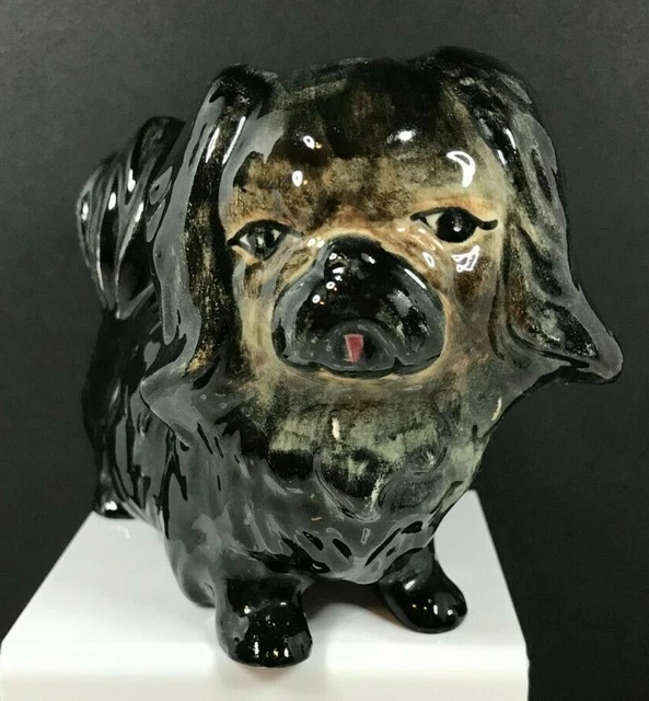 Vintage Black Pekingese Dog Hand Painted Ceramic Figurine
