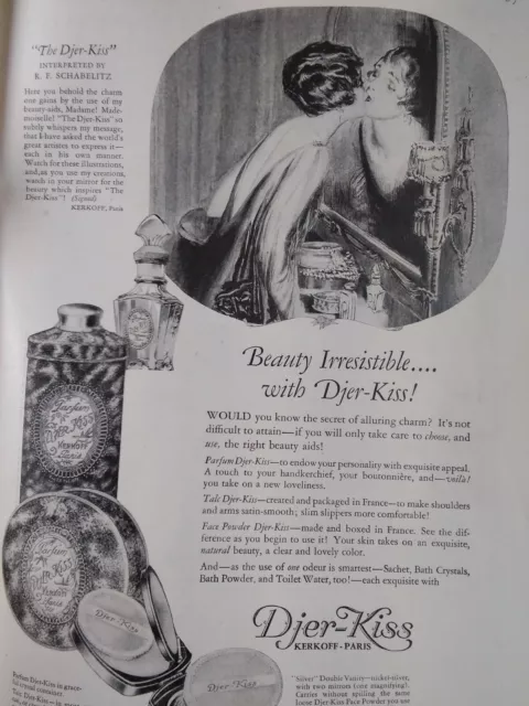 Perfume Compact Djer Kiss 1926 Original Ad Rare VHTF Flapper Art Kerkoff Paris