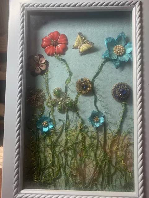 Wooden Frame Shadowbox Floral Arrangement made w/ Vintage Jewelry, Beads & Wire