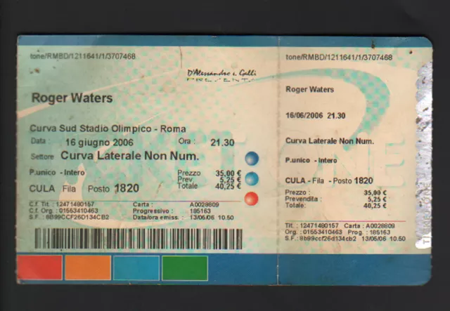 Biglietto Originale Concerto Roger Waters (Pink Floyd) Roma Stadio Olimpico 2006