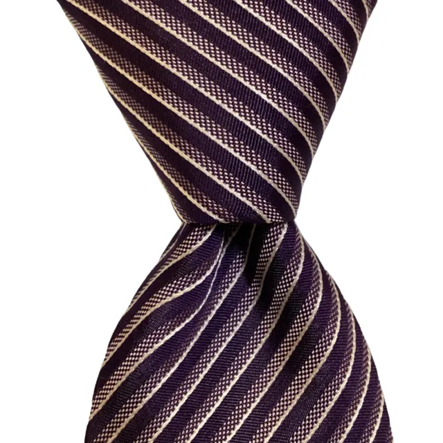 HUGO BOSS Men's 100% Silk XL Necktie ITALY Designer STRIPED Purple/White EUC