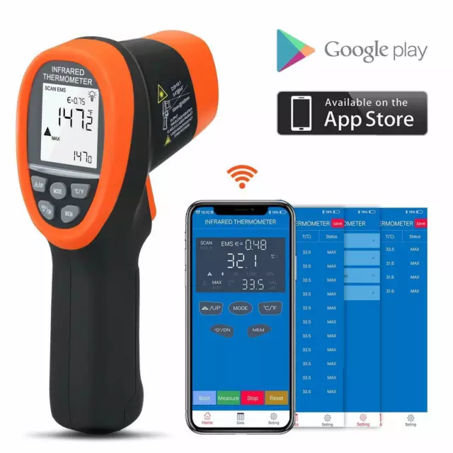 Infrared Digital Temperature Thermometer Laser Non-Contact IR Gun -50~800℃ W/APP