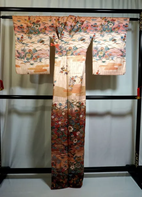 Japanese kimono  "HOMONGI", Gold leaf,Plants, Stream,Shading,Pink,L5' 4"..3475