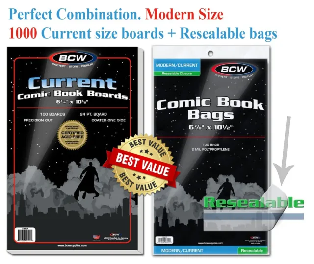 1000 BCW Resealable Comic Book Bags Sleeve + Boards Modern Current Safe Storage