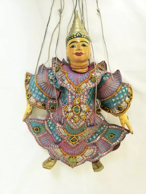 Vintage Myanmar Burmese Marionette Asian Traditional Dress String Wooden Puppet