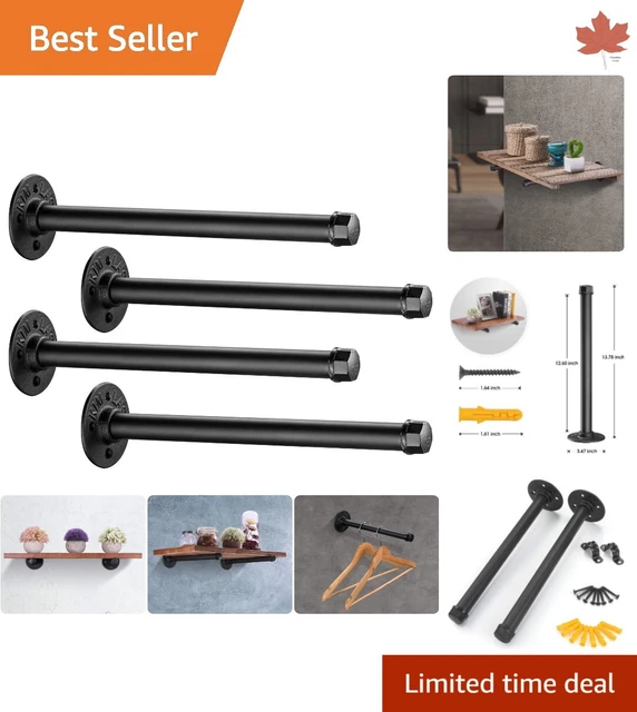 Industrial Pipe Shelf Brackets - 4-Pack, 12In - Rustic Matte Black