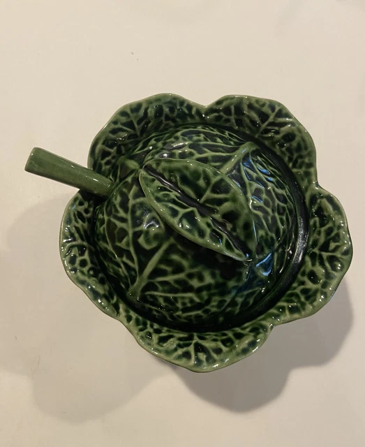 SUBTIL Green Cabbage Leaf Majolica Lidded Tureen Bowl with Spoon