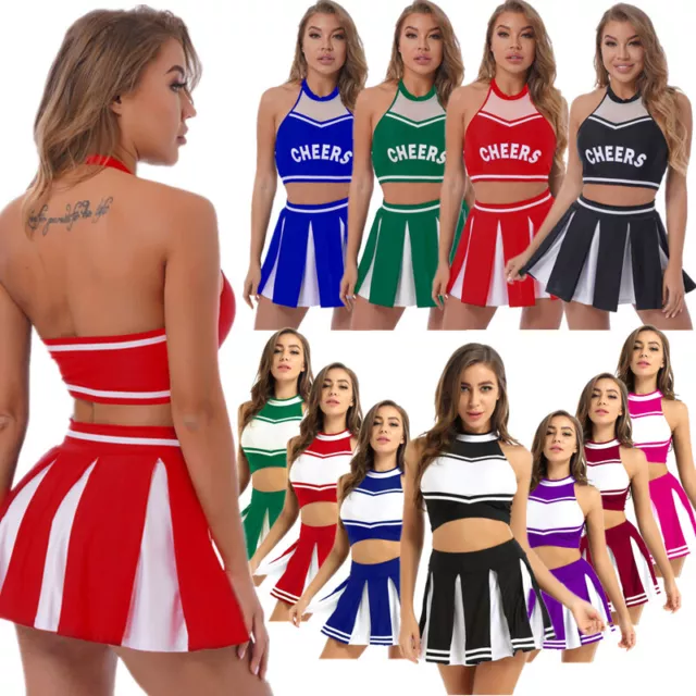 Women Cheer Leader Costume Crop Top with Mini Skirt Cheerleading Uniform Outfits