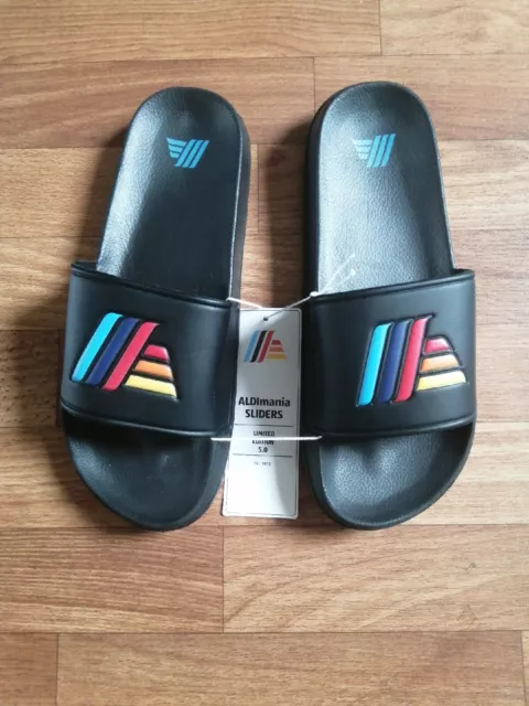 ALDI MANIA SLIDERS Black Size 9 UK. Limited Edition 5.0 59.99