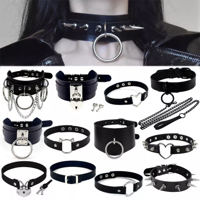 PU Leather+Metal Sexy Choker Punk Gothic Collar Chain Belt Necklace Round  Ring