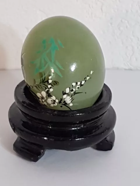 Vintage Japan Hand Painted Jade Egg Miniature With Stand Blue Bird Flowers 3