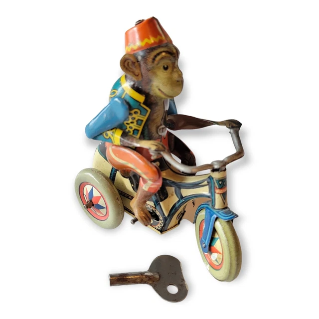 VINTAGE MONKEY RIDING Tricycle Windup Tin Toy Made In Germany US Zone