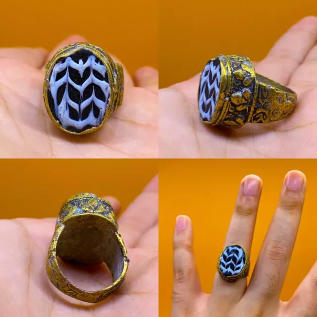 Ancient Medieval Islamic Gold Gilded Ottomans Seal Mosiac Glass Ring  6.5 Us