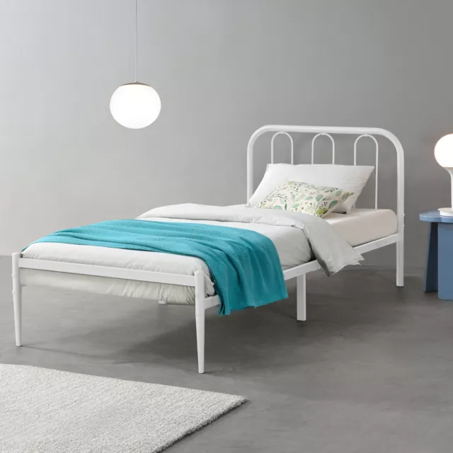 [en.casa] Cama de Metal con Somier 90x200cm Cama Simple Cama Individual Blanco