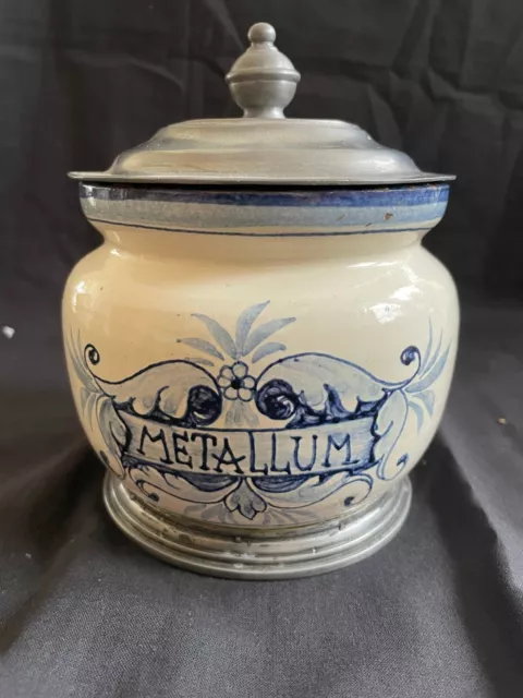 antique ceramic apothecary jar  "Metallum". Tin lid