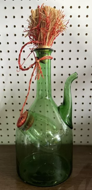 Vintage 1960's Italian hand blown Demijohn green glass wine decanter With Plug
