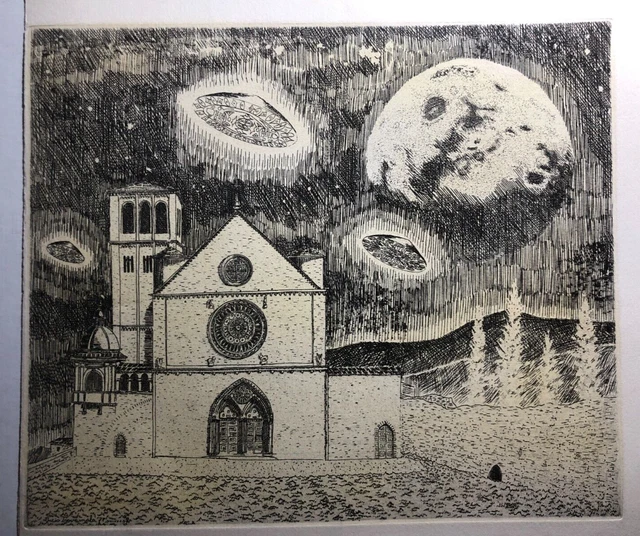 1977 Aquaforte Lucio Trovamala Church spaceships 31.5x29.5 cm ivory 1977 Aquaforte Lucio Trovamala Church spaceships 31.5x29.5 cm ivory