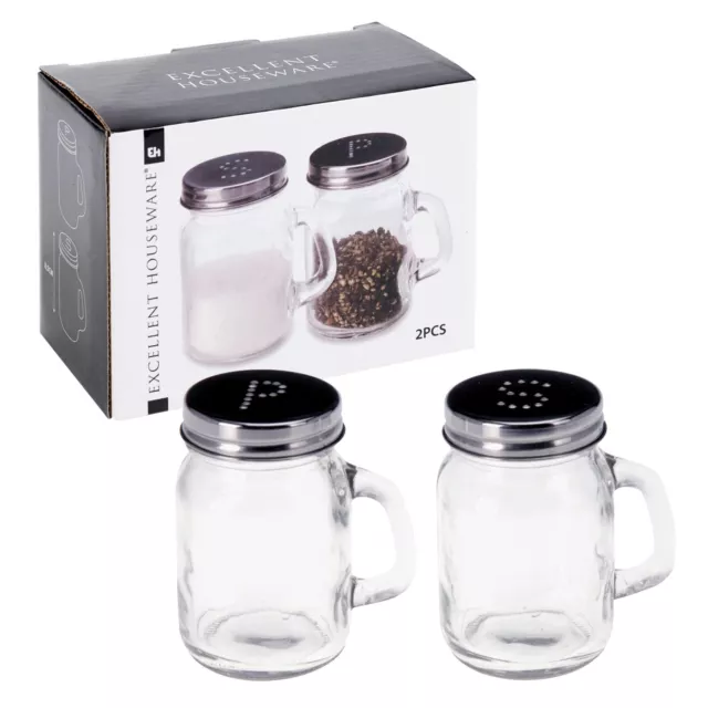 Salt and Pepper Shaker Pots Set Glass Dispenser Storage Cruet Mason Jars x2