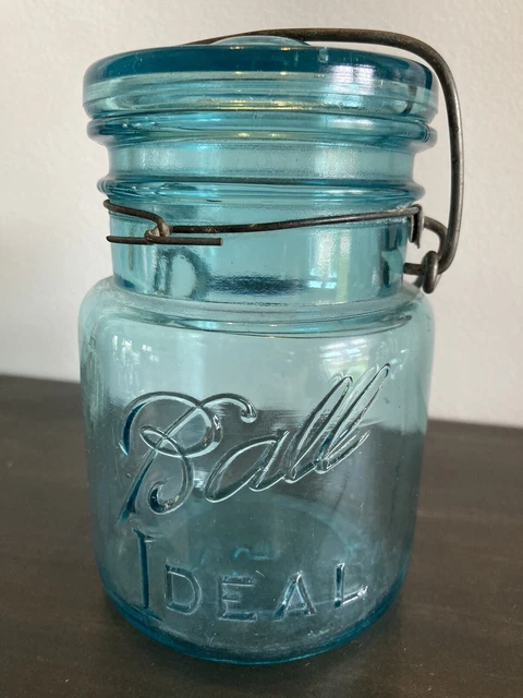 VINTAGE BALL IDEAL MASON  JAR PINT AQUA GLASS WIRE BAIL & LID  1910-1923 Mold #5