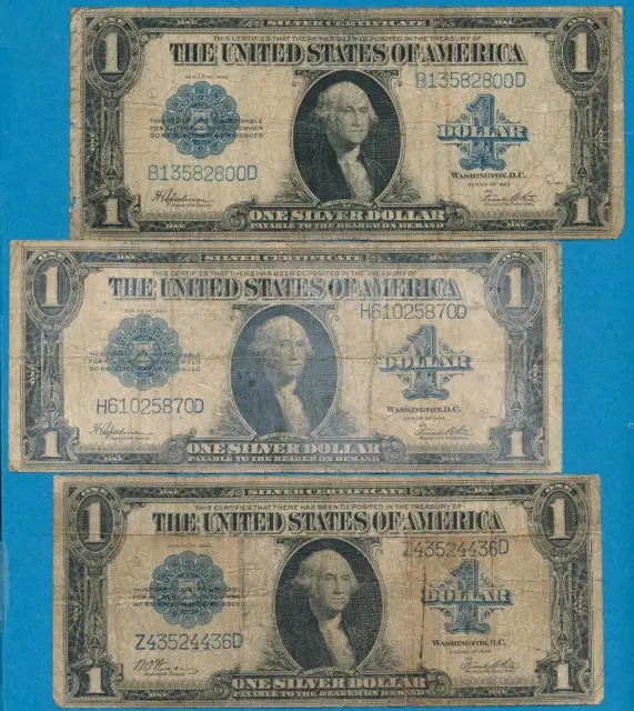 3- $1.00  1923 Silver Certificate  Blue Seals  Imperfect  Lot