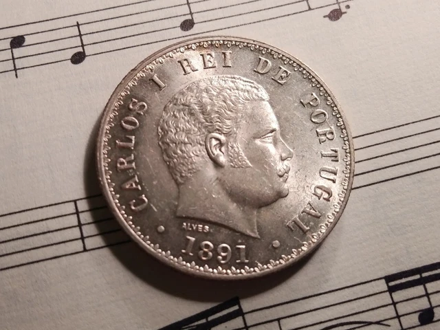 PORTUGAL 500 reis 1891 KM535 1st date Ag.917 Carlos I TOP GRADE - RARE THIS NICE