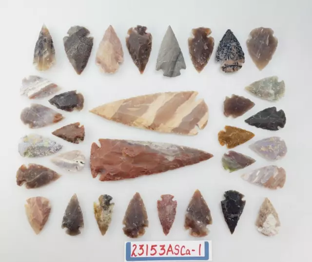 32 Piece Collection Arrowheads, 4" Spearheads  Hand Knapped Agate/Jasper