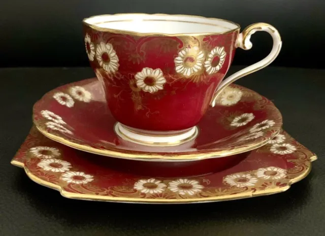 Aynsley Maroon Gold Floral Tea Cup Saucer Plate Trio, England, Ex Con