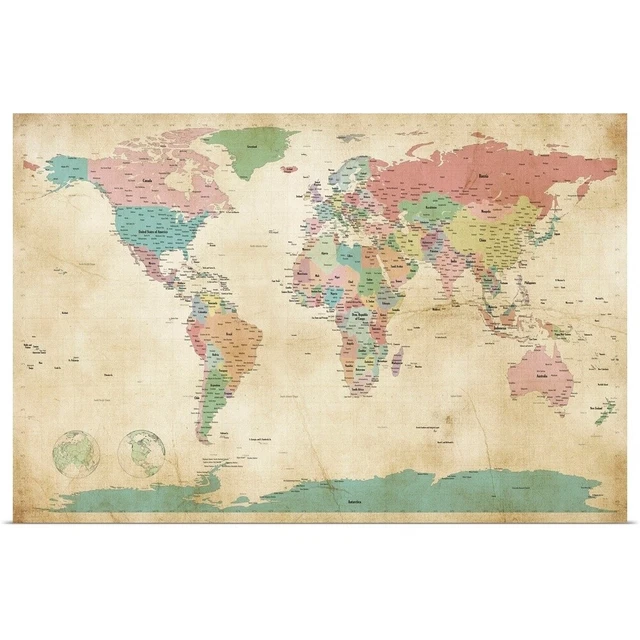 POLITICAL MAP OF the World Map, Antique Poster Art Print, Map Home Decor EUR 37,28 PicClick DE