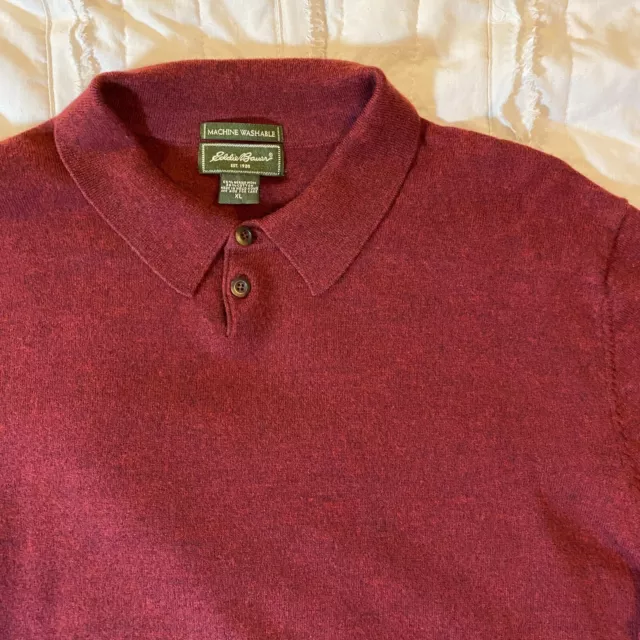 Eddie Bauer Sweater Mens XL Maroon Red Merino Wool Blend Polo Collar Pullover