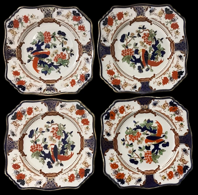 Vintage 4 Royal Winton Grimwades Square Salad Plates~Gold~Blue~Imari~Bird~8 7/8”