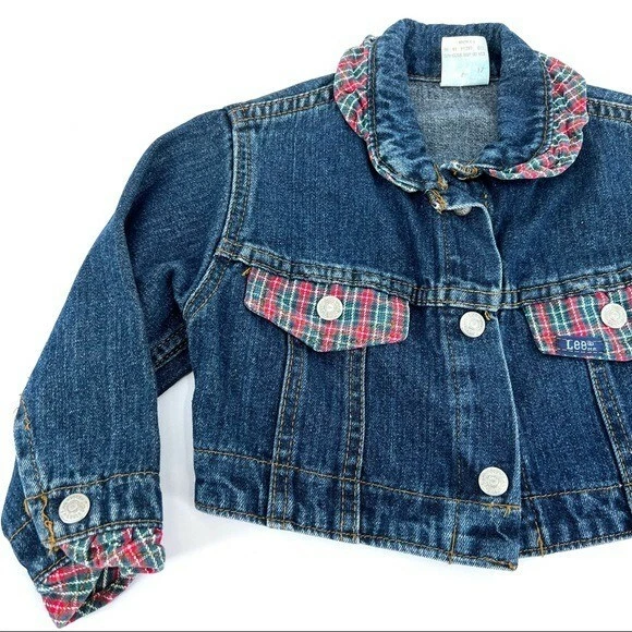 Vintage Lee Denim Jean Jacket Size 3T ruffles plaid 80s