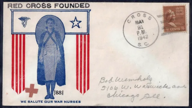 Us 1942 Red Cross Cachet Cover Tied Cross South Carolina Martha Washington Stamp